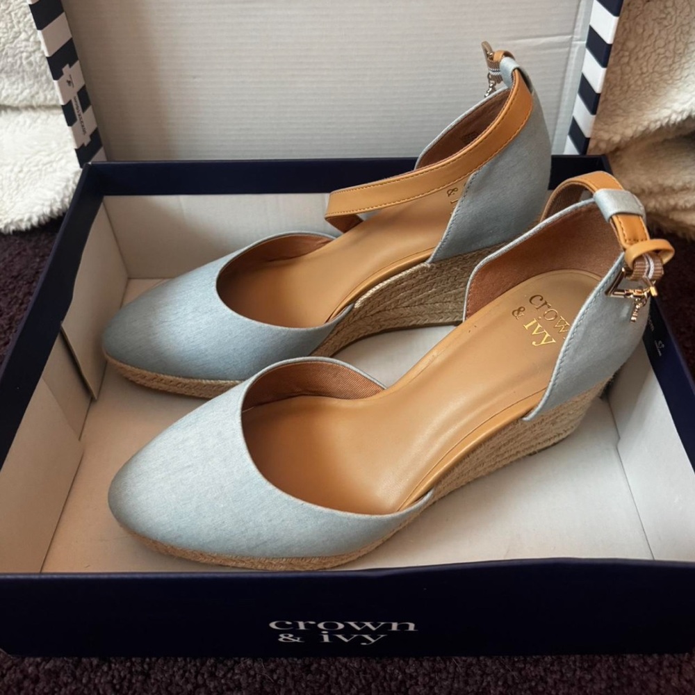 Crown & Ivy Light Blue and Tan Wedges
